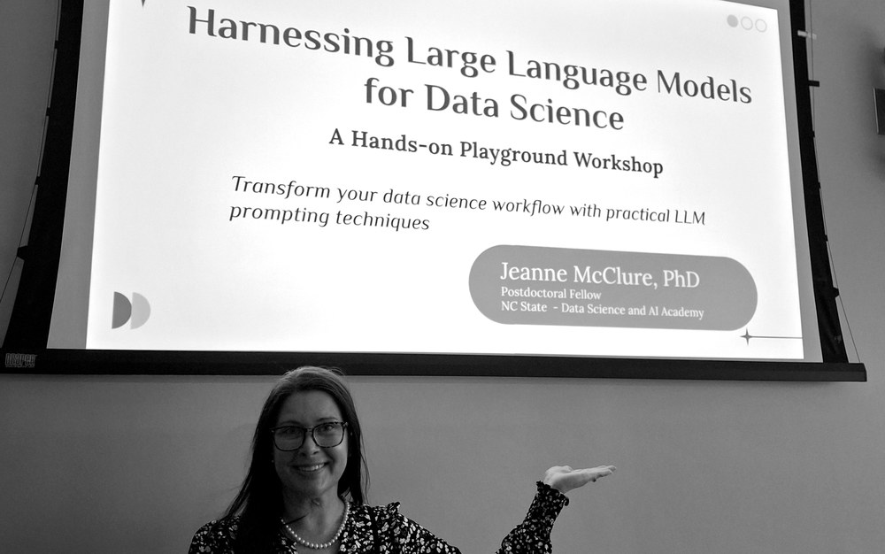 Dr. Jeanne McClure presenting a talk on large language models for data science